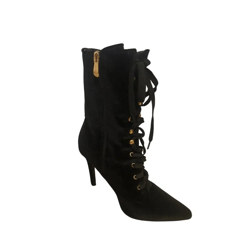 SOLD Velvet Stiletto Victorian Lace up Whimsigoth Witchy Boho Boots Pink Flower - Picture 7 of 13